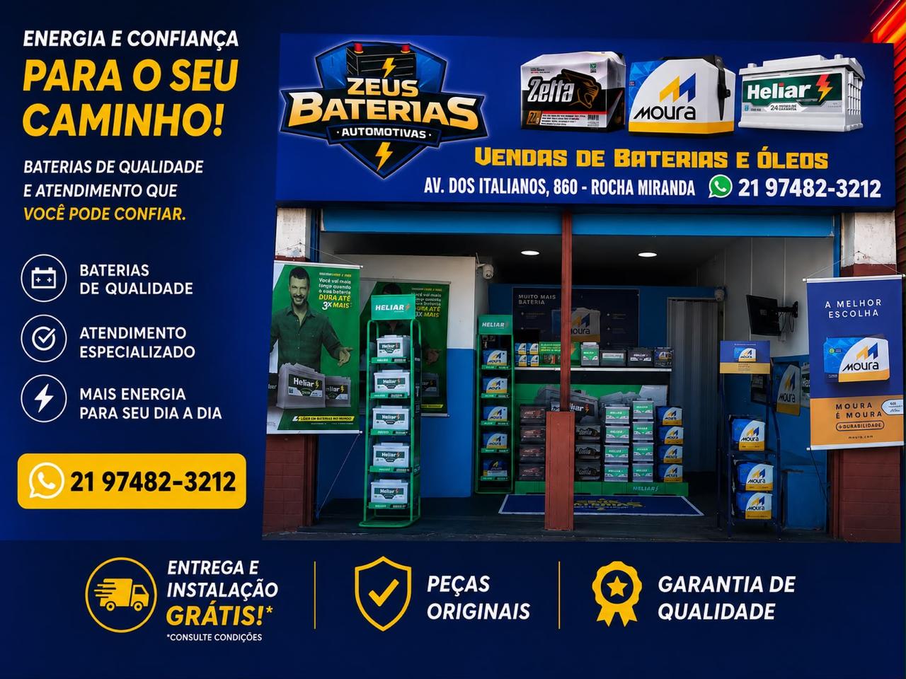 Fachada da loja Zeus Baterias Automotivas em Rocha Miranda